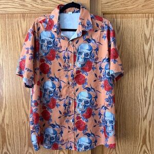 Men's Bold Orange Skull and Floral Shirt